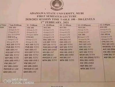 ADSU 1st semester lecture timetable for 2020/2021 session