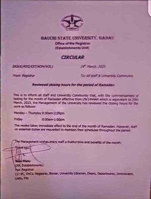 BASUG notice on working hours during Ramadan