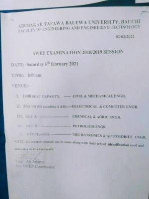 ATBU Faculty of Engineering SWEP exams venues, 2018/2019