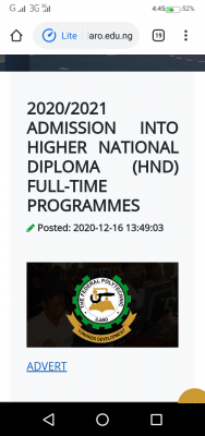 Federal Polytechnic, Ilaro supplementary HND full time admission for 2020/2021 session