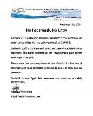 Gateway Polytechnic maintains "no facemask, no entry" policy