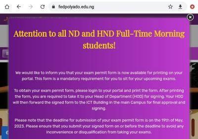 Fed Poly Ado notice on printing of examination permit