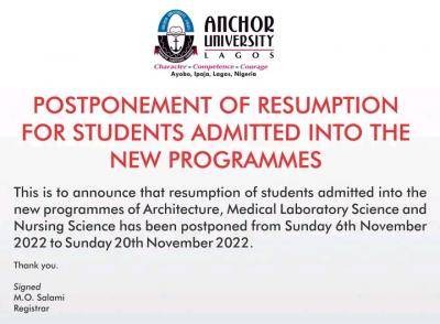 Anchor University postpones resumption of students admitted into new programmes