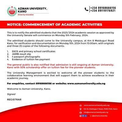 Azman University notice on commencement of academic activities, 2023/2024