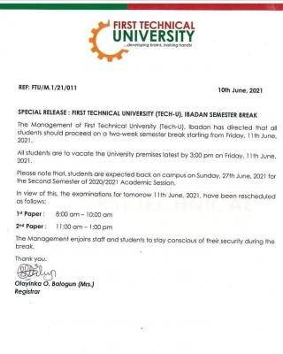 First Tech-U Ibadan announces first semester break