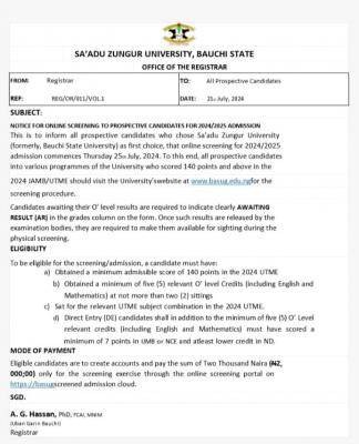 BASUG Post-UTME/DE 2024: cut-off mark, eligibility and registration details