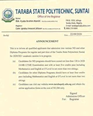 Taraba State Polytechnic Post-UTME 2020: Cut-off mark, Eligibility and Registration details