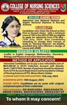 UNICAL Teaching Hospital admission into ND & HND in Nursing Sciences, 2024/2025