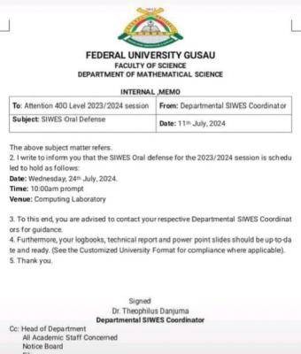 FUGUSAU notice to 400L students on SIWES oral defense