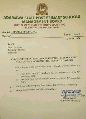 Adamawa State Government extends resumption date by two weeks, 2024/2025