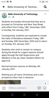 Bells University of Technology notice on end of the year break