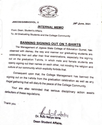 Jigawa State College of Education, Gumel bans signing out on t-shirts