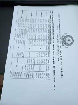 FCE Zaria NCE 2 physical contact lecture timetable for 2020/2021 session