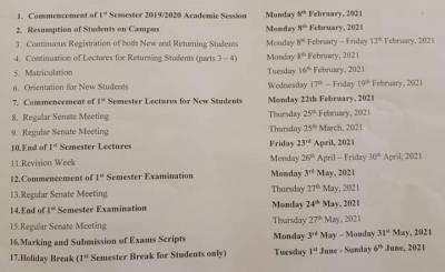 FULAFIA approved adjusted academic calendar, 2020/2021