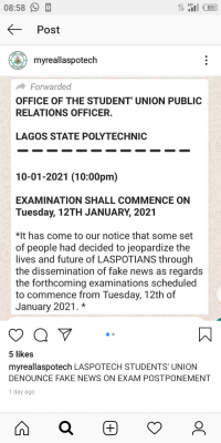 LASPOTECH SUG notice on alleged postponement of exam