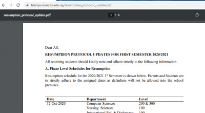 Trinity University resumption updates for 1st semester 2020/2021 session