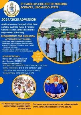 St. Camillus College of Nursing Sciences, Uromi Admission form, 2024/2025