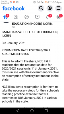 Imam Hamzat College Of Education notice on resumption for 2020/2021 session