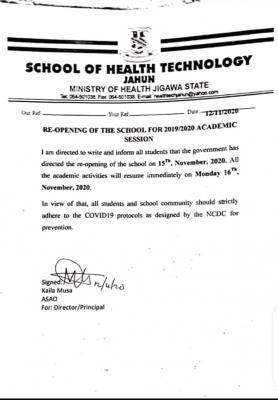 School of Health Technology, Jahun announces re-opening of school