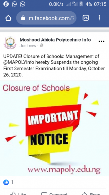 MAPOLY suspends ongoing 1st semester examination for 2019/2020 session