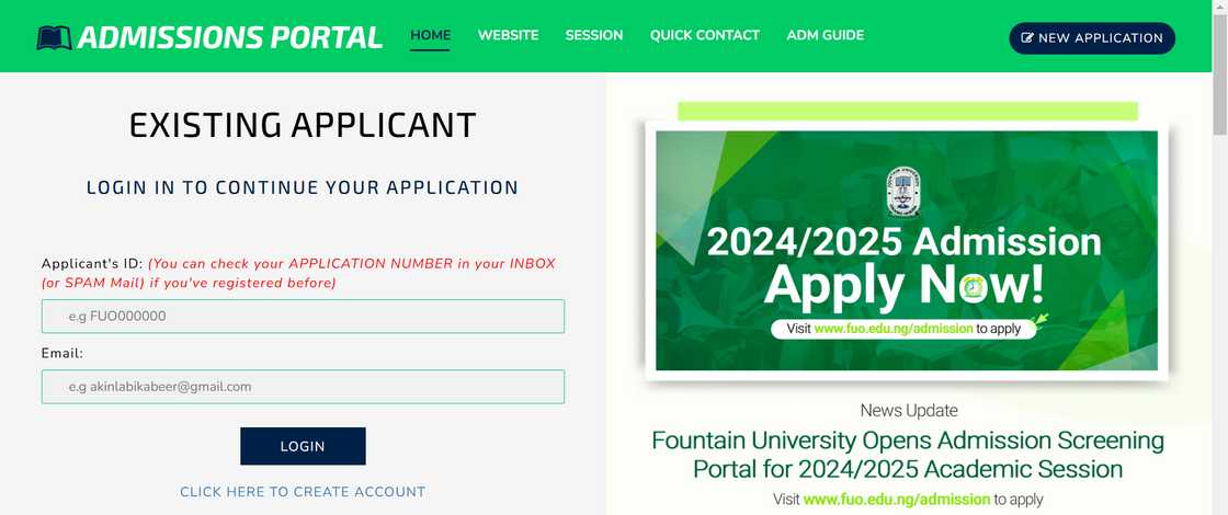 Fountain University admission portal