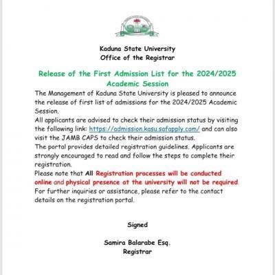 KASU releases admission list now on school portal, 2024/2025