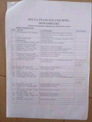 Delta Poly Ogwashiuku adjusted academic calendar, 2022/2023