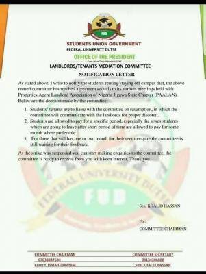 FUDUTSE SUG set up landlords/tenants mediation committee for students