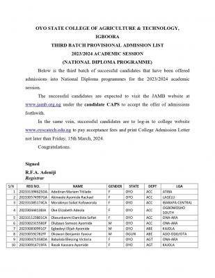 OYSCATECH 3rd batch ND admission list, 2023/2024