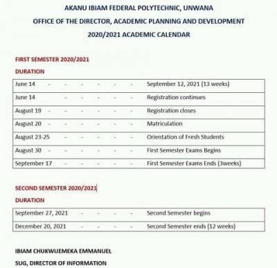 Akanu Ibiam Fed Poly reviewed academic calendar, 2020/2021