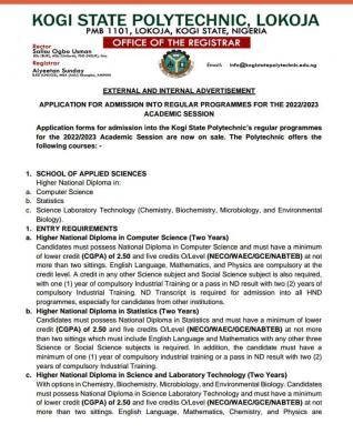 Kogi State Polytechnic HND, Pre-ND and IJMB admissions, 2022/2023