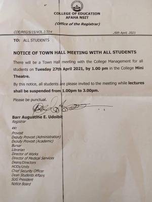 College of Education Afaha Nsit notice to students on Town Hall Meeting