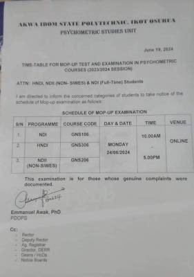 Akwa Poly mop-up timetable for psychometric test and examination