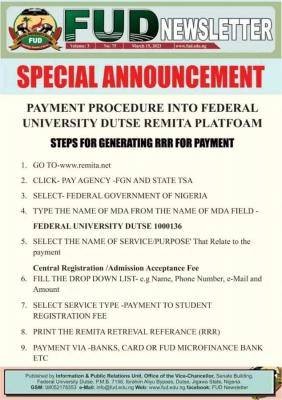 FUDUTSE notice on payment procedure through the Remita Platform