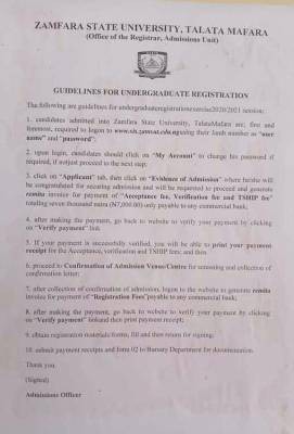 Zamfara State University registration procedure for newly admitted students, 2020/2021