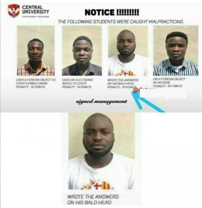 LOL! Student Caught With Answers Written On His Bald Head During Examination