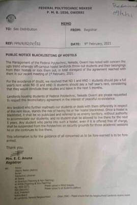 Fed Poly Nekede public notice on blacklisting of hostels