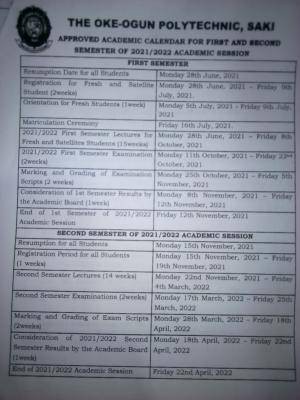 TOPS academic calendar for 2021/2022 session