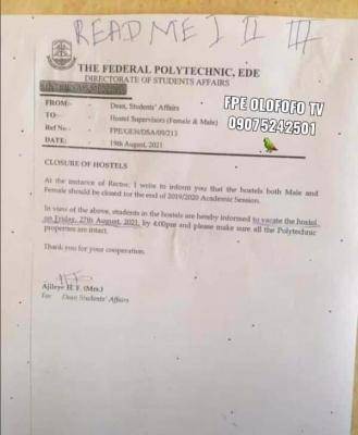 Federal Polytechnic, Ede notice on closure of hostels