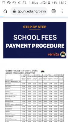 Godfrey Okoye University 2020/2021 school fees schedule