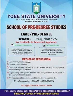 Yobe State University Pre-degree admission for 2022/2023 session