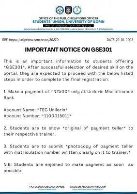 UNILORIN important notice to GSE 301 students