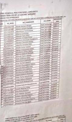 Fed Poly Ado-ekiti ND supplementary admission list, 2020/2021