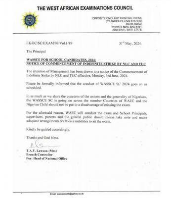 NLC & TUC strike won't affect the ongoing examination - WAEC