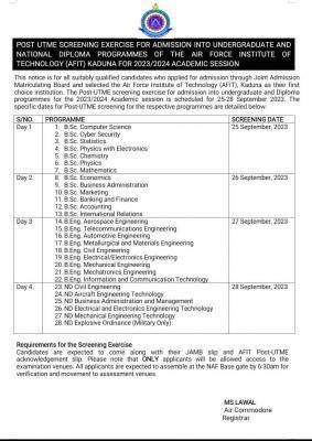 AFIT Post-UTME screening schedule, 2023/2024