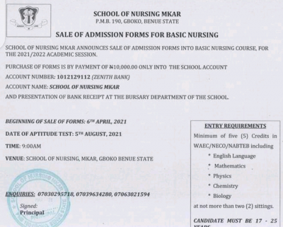 School of Nursing, Mkar announces sales of admission form for basic nursing, 2020/2021