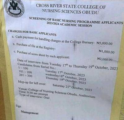 Cross River College of Nursing Sciences, Obudu screening of Basic Nursing applicants, 2022/2023