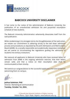 Babcock University disclaimer notice on release of admission lists & resumption date