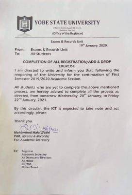 YSU notice to students on completion of registration/add & drop for 2019/2020