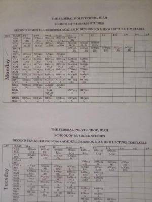 Fed Poly, Idah 2nd semester Lectures Timetable 2020/2021